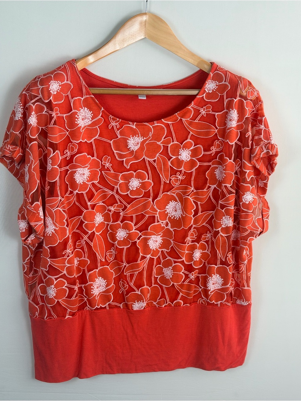 Chico’s Size 3 US XL Coral Burnout Floral Layered Short Sleeve Blouse